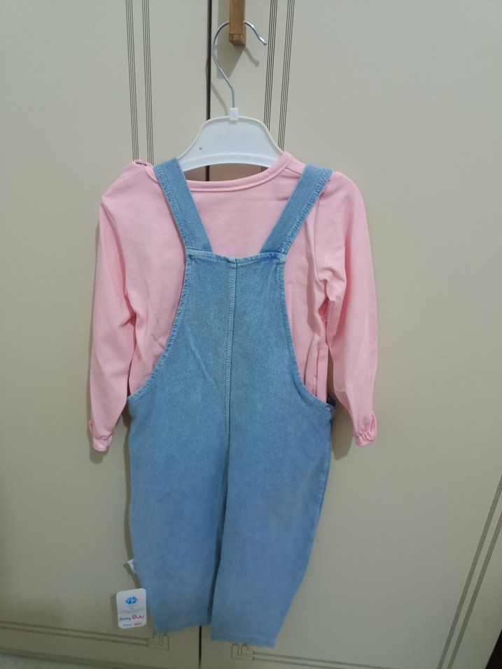 Pembe Uzun Kollu Kot Kız Tulum - Görsel 2