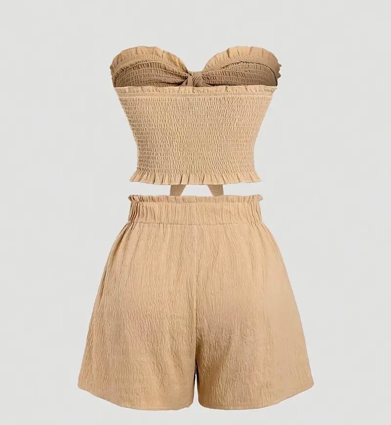 Bej Keten Mini Straplez Bohem Takım - Görsel 2