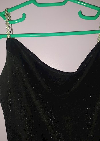 Siyah Drapeli Pırıltılı Uzun Kadın Elbise - Görsel 4