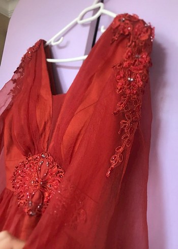 Kırmızı Uzun Kollu Bohem V Yaka Elbise - Görsel 4