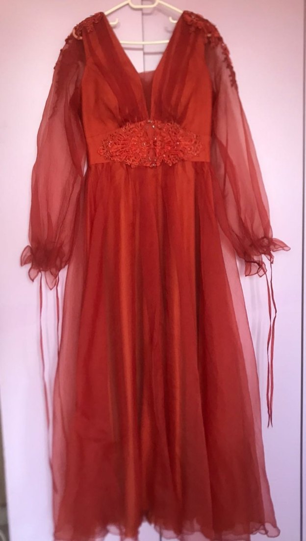 Kırmızı Uzun Kollu Bohem V Yaka Elbise - Görsel 2