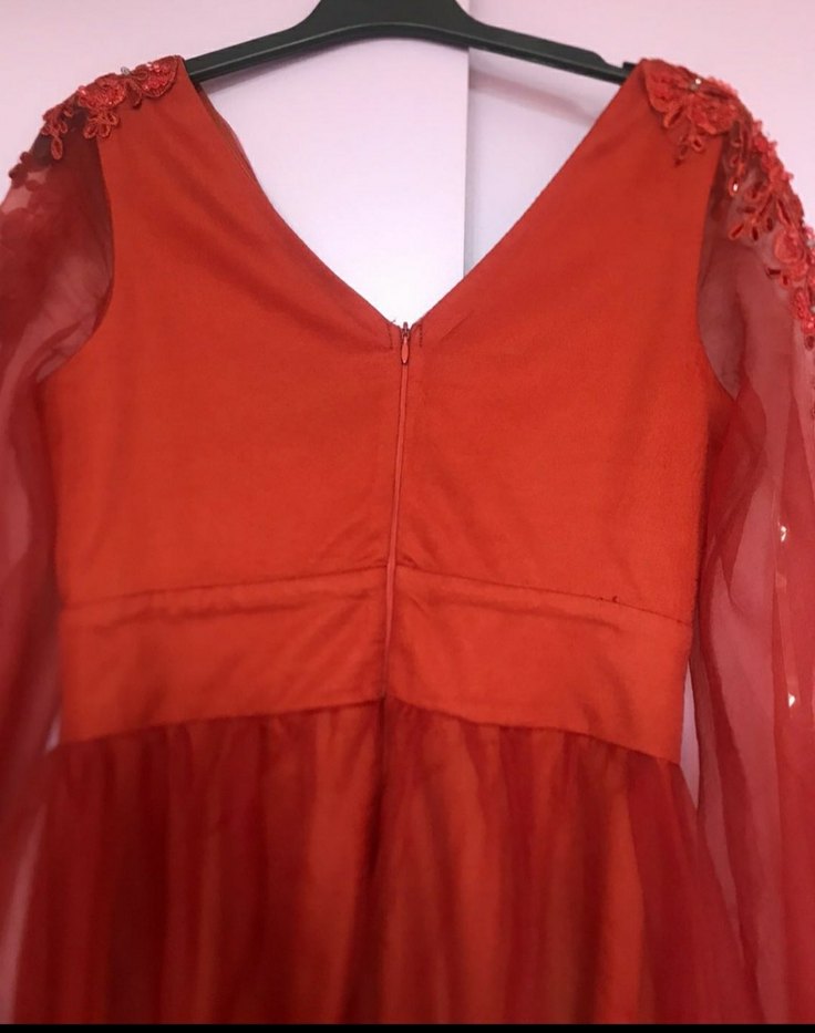 Kırmızı Uzun Kollu Bohem V Yaka Elbise - Görsel 5