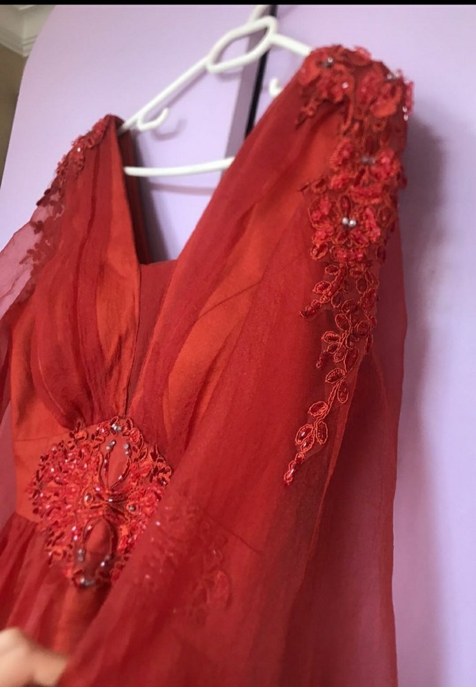 Kırmızı Uzun Kollu Bohem V Yaka Elbise - Görsel 4