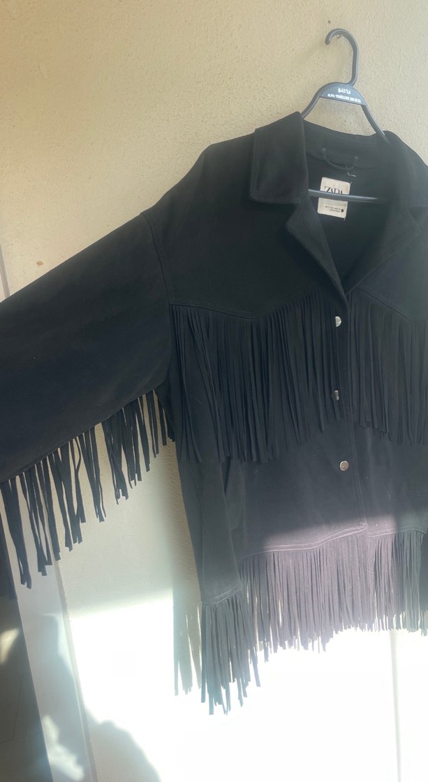 Kadın Siyah Süet Püsküllü Deri Ceket - Görsel 2