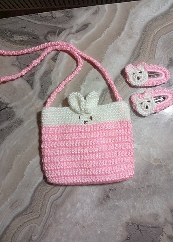 Pembe Örgü Kız Çanta ve Toka Seti 3 veya 5 yaş için uygundur - Görsel 3