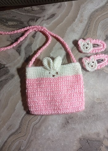 Pembe Örgü Kız Çanta ve Toka Seti 3 veya 5 yaş için uygundur - Görsel 2