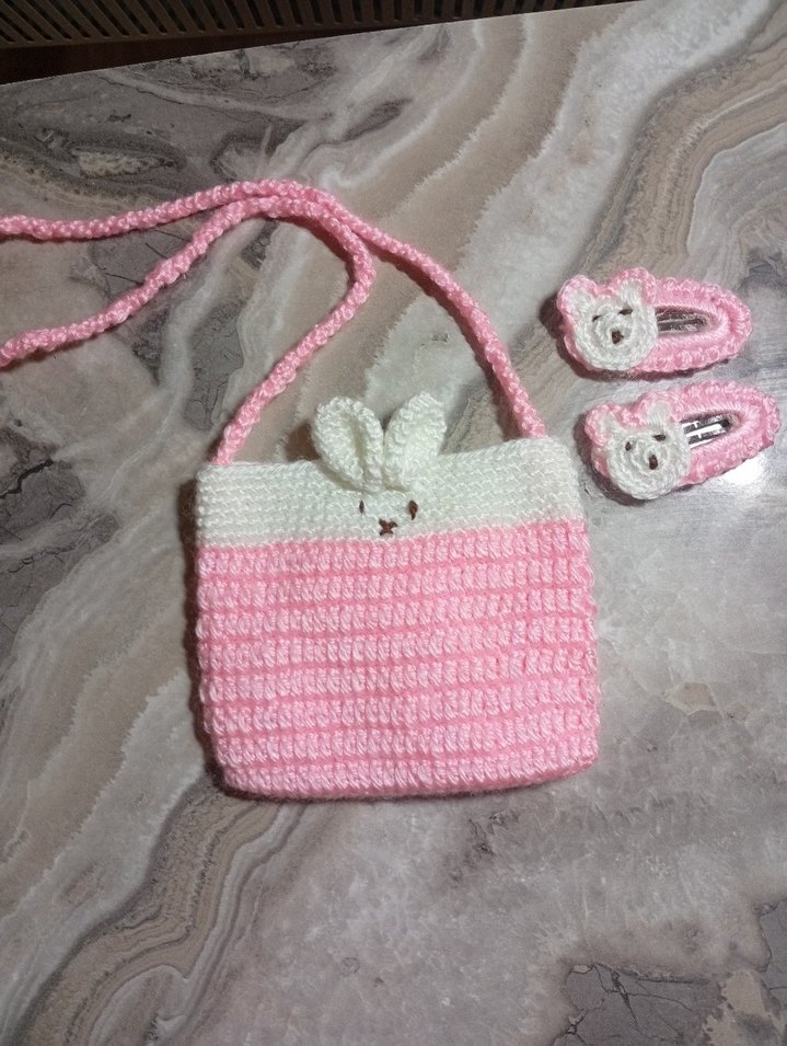 Pembe Örgü Kız Çanta ve Toka Seti 3 veya 5 yaş için uygundur - Görsel 3