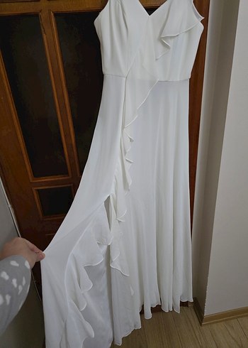 Askılı, Uzun A Kesim Beyaz elbise -gelinlik - Görsel 3