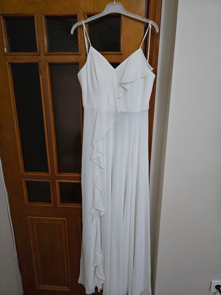 Askılı, Uzun A Kesim Beyaz elbise -gelinlik - Görsel 2