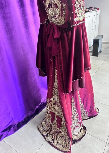 Bordo Nakışlı Uzun Kollu Kadın Kına Elbisesi - Görsel 3