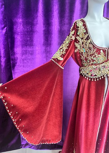 Bordo Nakışlı Uzun Kollu Kadın Kına Elbisesi - Görsel 2