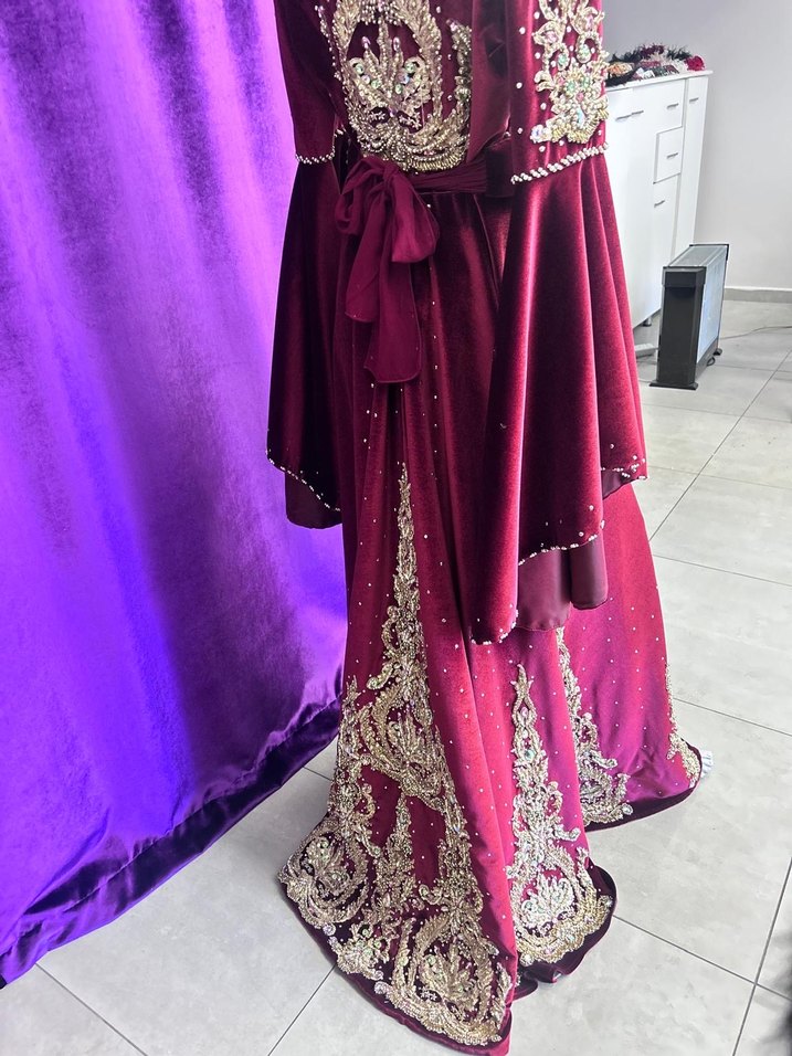 Bordo Nakışlı Uzun Kollu Kadın Kına Elbisesi - Görsel 3