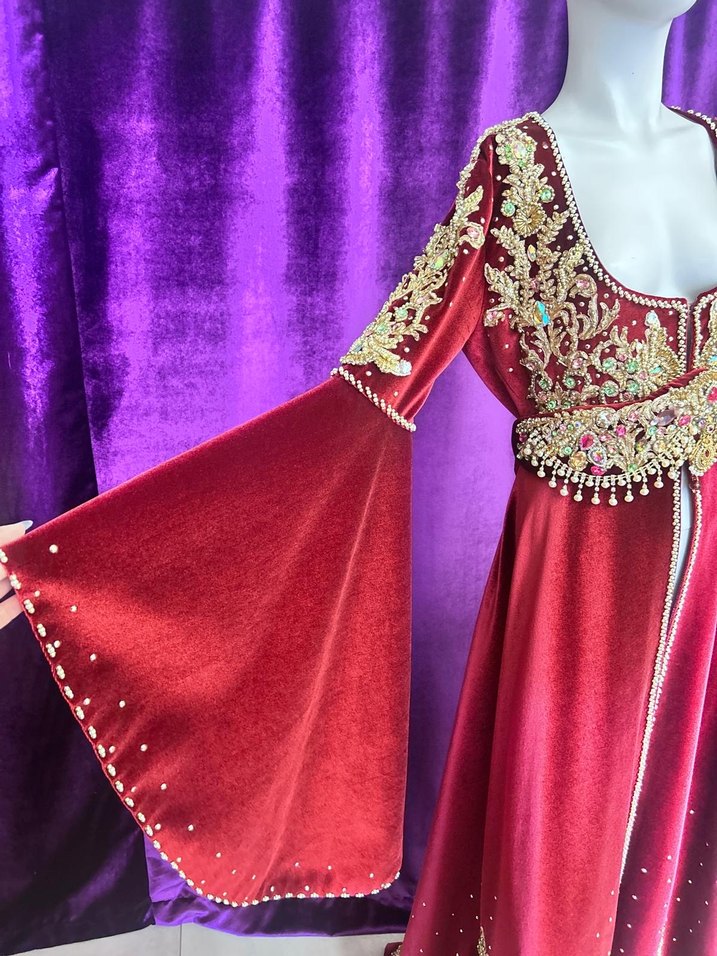 Bordo Nakışlı Uzun Kollu Kadın Kına Elbisesi - Görsel 2