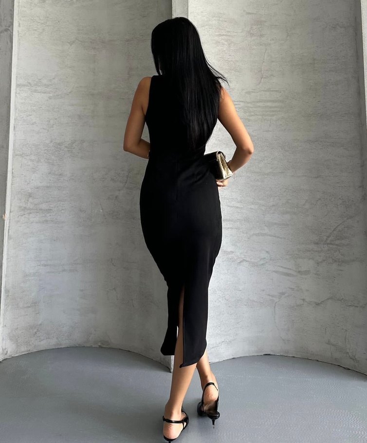 Siyah Kadın Süet Tokalı Uzun Elbise - Görsel 3