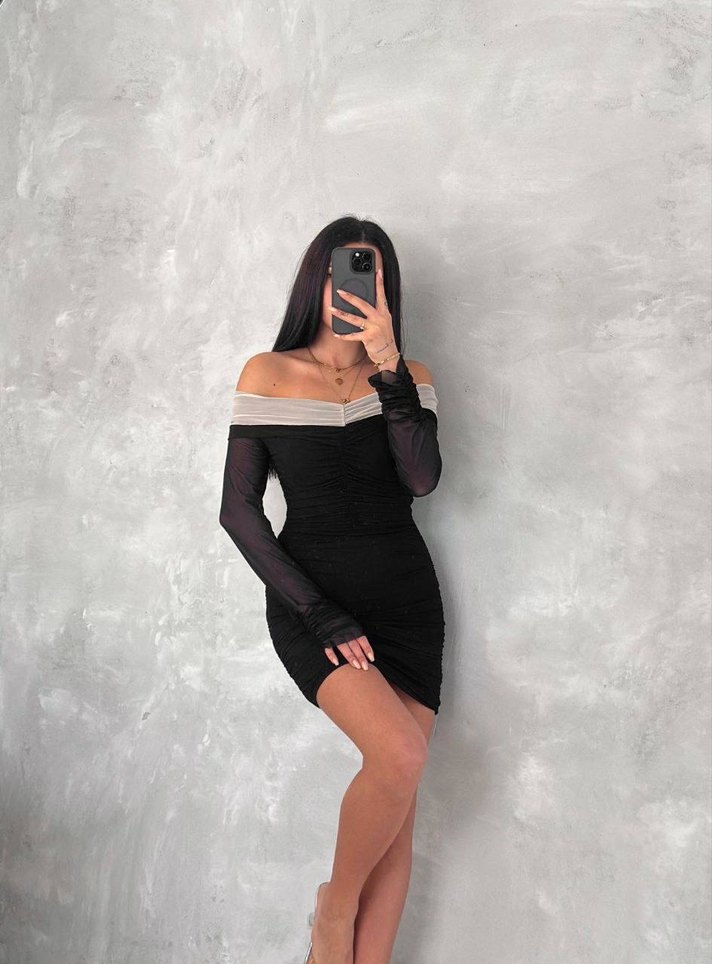 Siyah Mini Zebra Desenli Straplez Elbise - Görsel 4