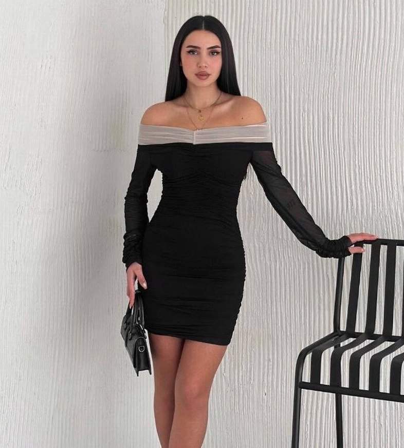 Siyah Mini Zebra Desenli Straplez Elbise - Görsel 2