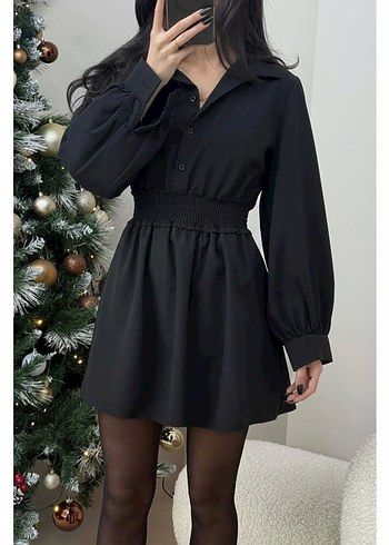 Uzun Kollu Siyah Mini Elbise - Görsel 3