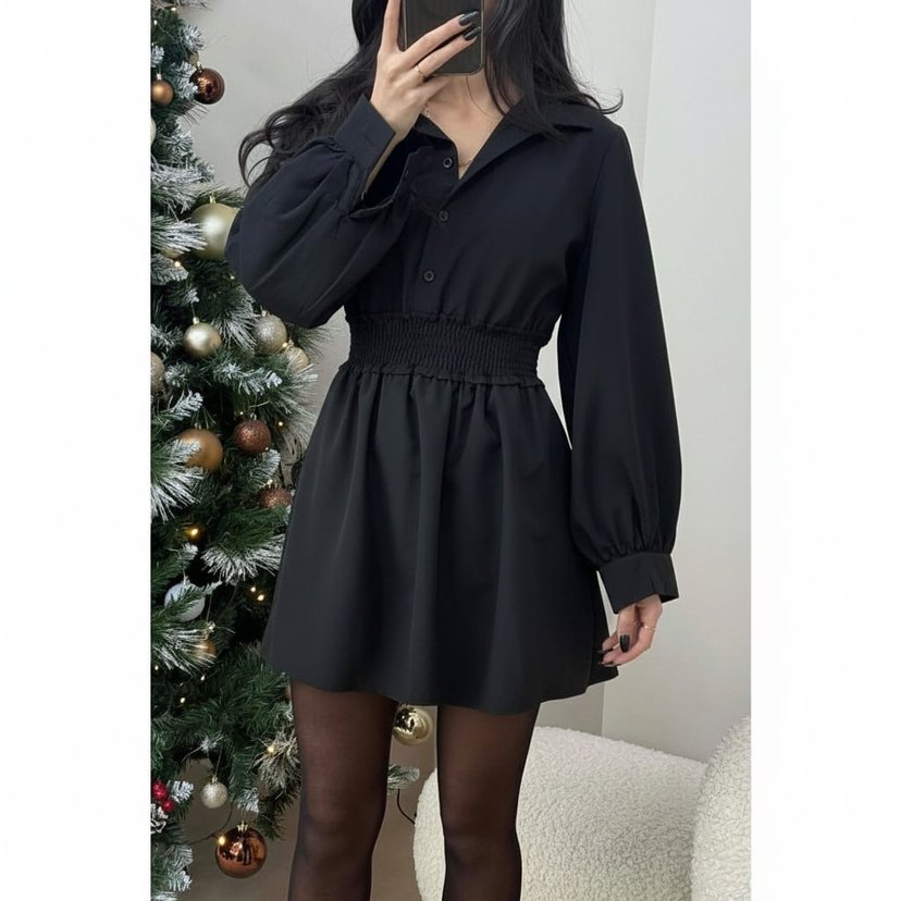 Uzun Kollu Siyah Mini Elbise - Görsel 3