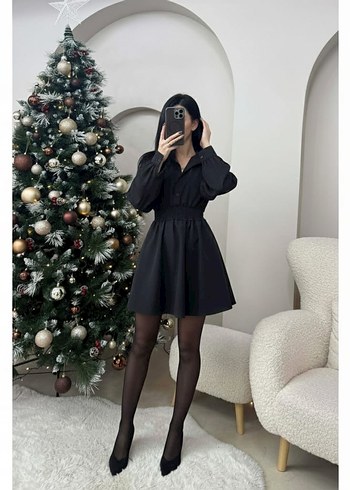 Düğmeli Siyah Uzun Kollu Mini Elbise - Görsel 3