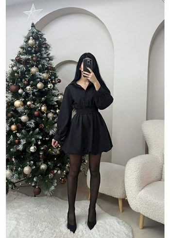 Düğmeli Siyah Uzun Kollu Mini Elbise - Görsel 2