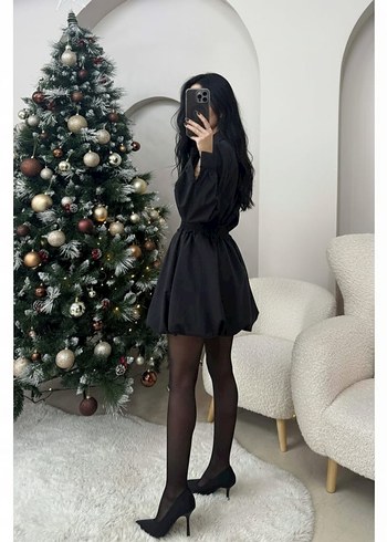 Düğmeli Siyah Uzun Kollu Mini Elbise - Görsel 4