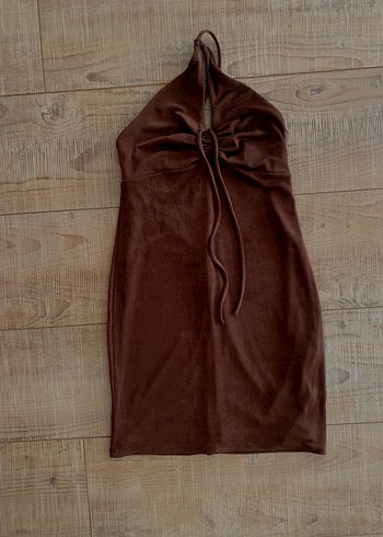 Bershka Kahverengi V Yaka Mini Süet Elbise - Görsel 2