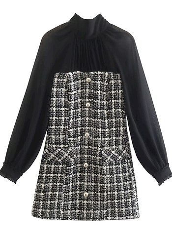 Düğmeli Siyah Kareli Midi Elbise - Görsel 2