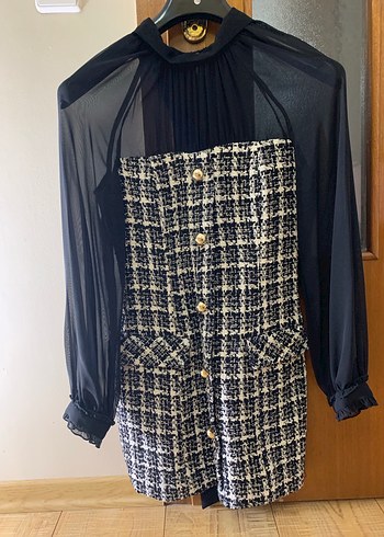 Düğmeli Siyah Kareli Midi Elbise - Görsel 5