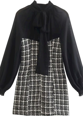 Düğmeli Siyah Kareli Midi Elbise - Görsel 3