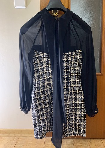 Düğmeli Siyah Kareli Midi Elbise - Görsel 4