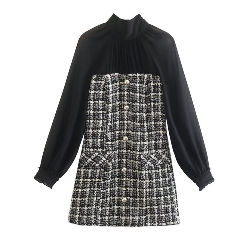 Düğmeli Siyah Kareli Midi Elbise - Görsel 2