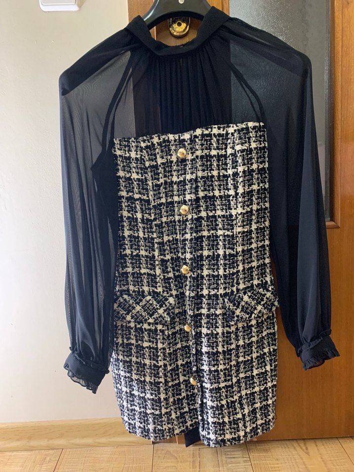 Düğmeli Siyah Kareli Midi Elbise - Görsel 5