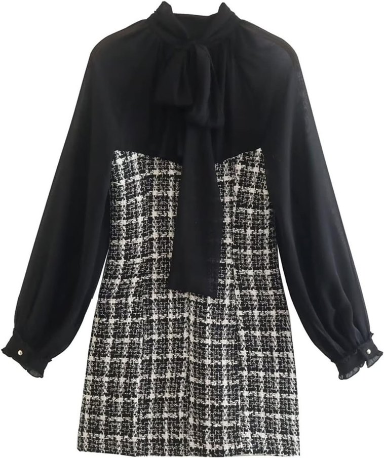 Düğmeli Siyah Kareli Midi Elbise - Görsel 3