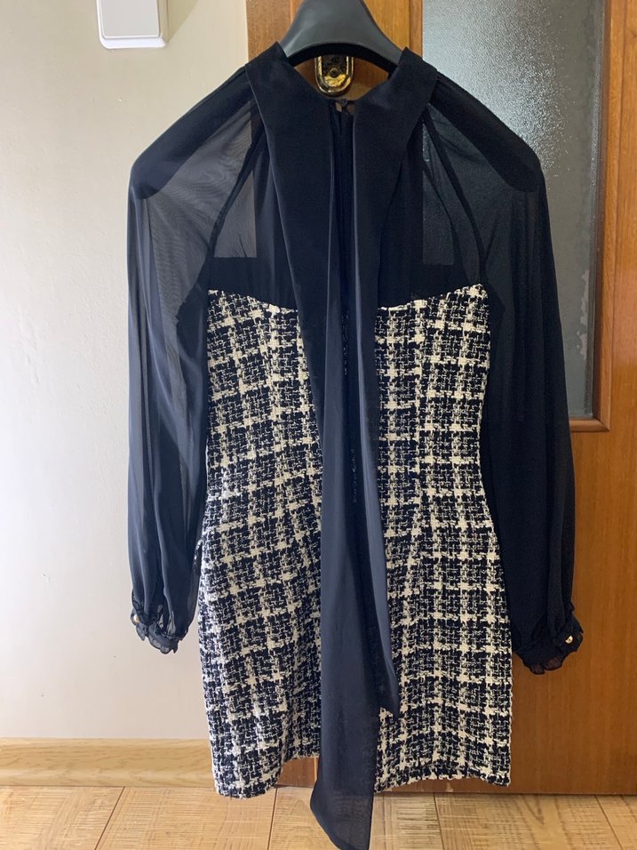 Düğmeli Siyah Kareli Midi Elbise - Görsel 4