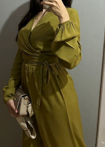 Kadın Kemerli Midi Kumaş takım- Haki - Görsel 2