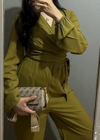 Kadın Kemerli Midi Kumaş takım- Haki - Görsel 4