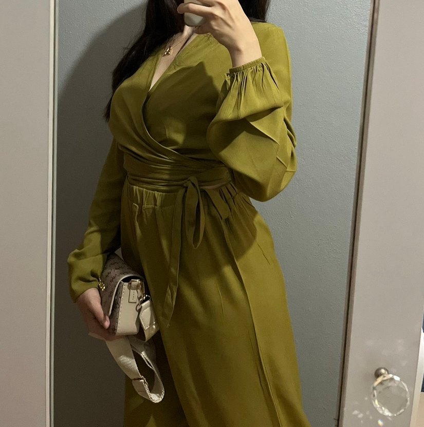 Kadın Kemerli Midi Kumaş takım- Haki - Görsel 2