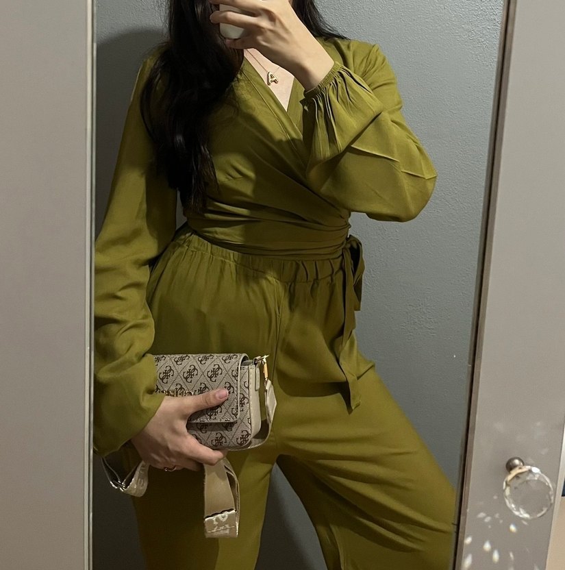 Kadın Kemerli Midi Kumaş takım- Haki - Görsel 4