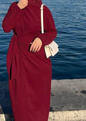 Bordo Uzun Kollu Yüksek Yakalı Kadın Elbise - Görsel 2