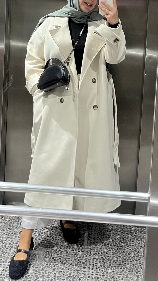 Krem kadın uzun kaban - Görsel 2