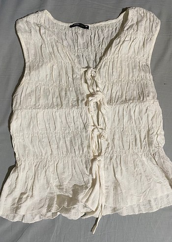 Beyaz Keten V Yaka Drapeli Kadın Yelek - Görsel 2