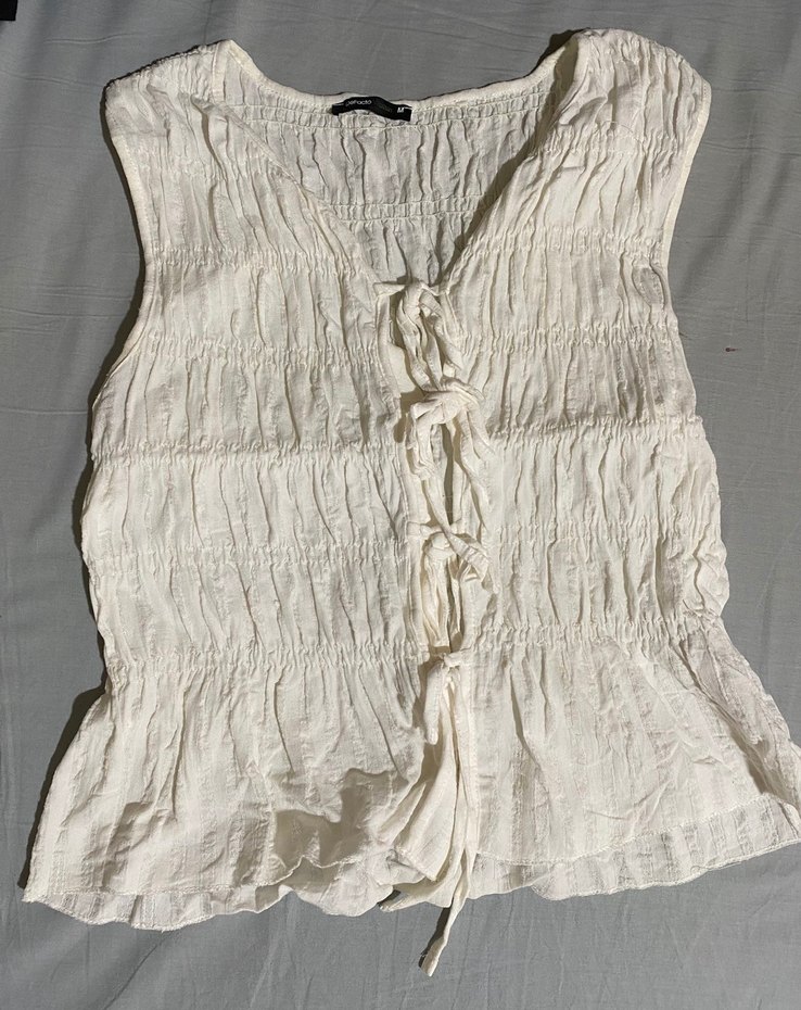 Beyaz Keten V Yaka Drapeli Kadın Yelek - Görsel 2