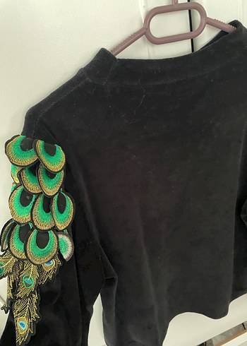 Siyah Kadın Süet Nakışlı Uzun Kollu Bluz - Görsel 2