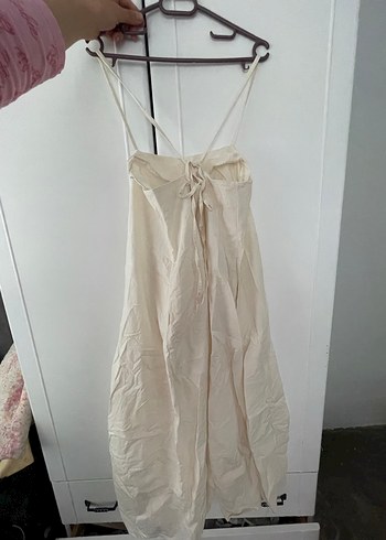 Beyaz Keten Uzun Askılı Elbise - Görsel 2