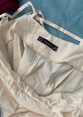 Beyaz Keten Uzun Askılı Elbise - Görsel 3