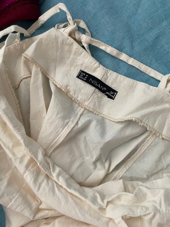 Beyaz Keten Uzun Askılı Elbise - Görsel 3