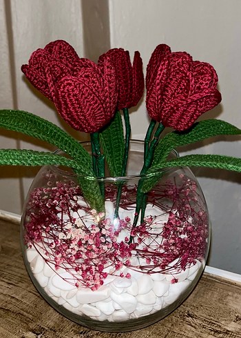 El Örgüsü Kırmızı Laleler ve Cam Vazoda - Görsel 2