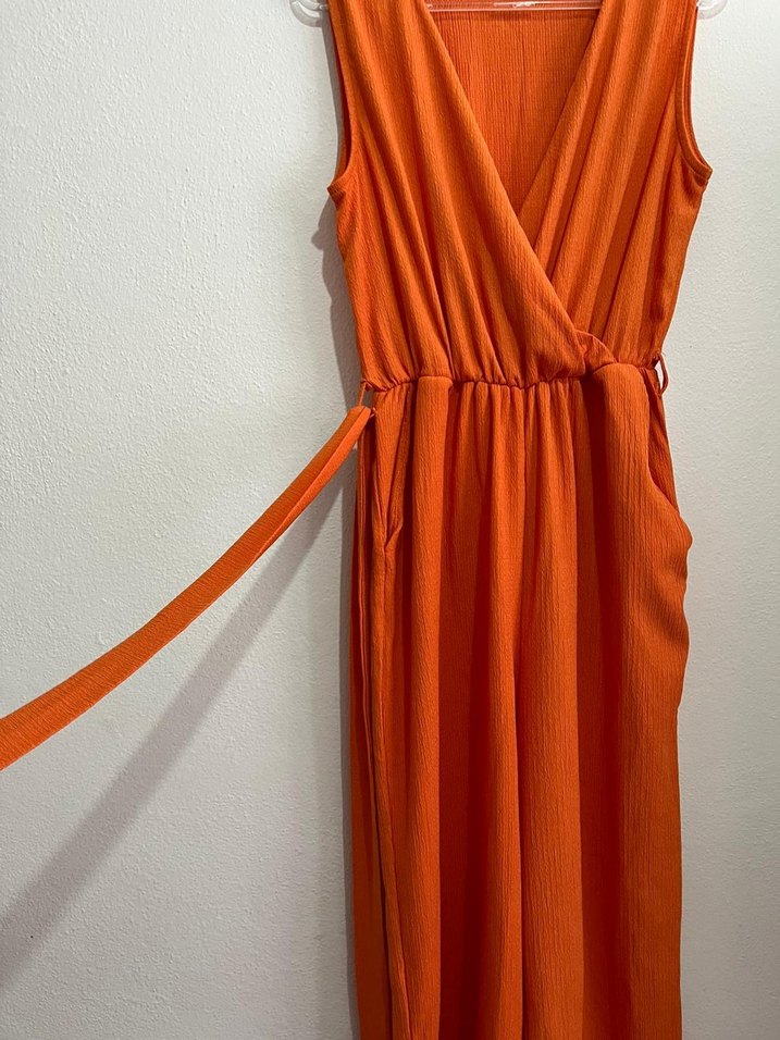 Kolsuz V Yakalı Turuncu Uzun tulum - Görsel 2