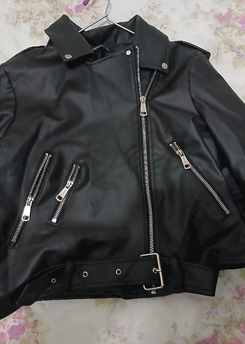 Kadın Siyah Deri Biker Ceket - Görsel 4