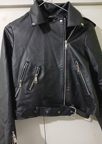 Kadın Siyah Deri Biker Ceket - Görsel 2